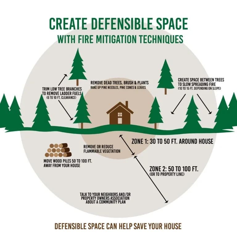 Defensible space crew thinning trees and clearing brush around a Reno/Tahoe property for wildfire protection